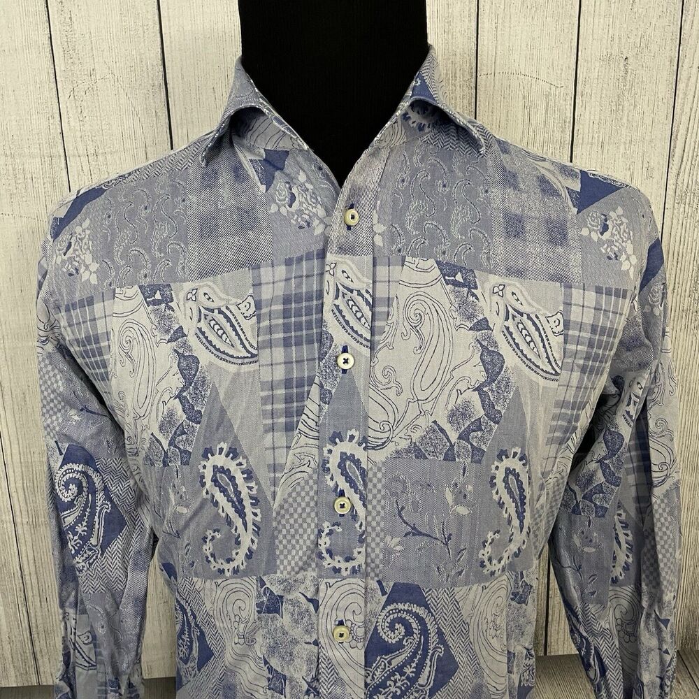 Thomas Dean Blue and White Patchwork Paisley Button-Down Shirt